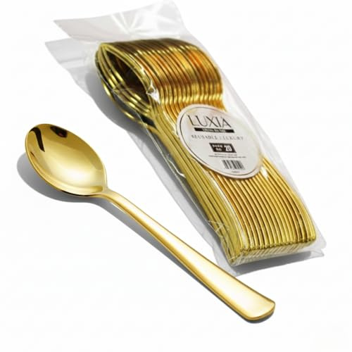 Luxia Reusable Gold Plastic Cutlery Spoons, 20pcs Bulk Pack Durable Elegant Cutlery,17.3cm Heavy Duty Dinnerware for All Occasion Birthday Parties Weddings Event Camping