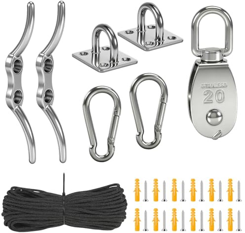 M25 Stainless Steel Crane Pulley Block Set, 360° Swivel Pulley Block Single Wheel Pulley System, 20m/4mm Nylon Line Rope, Cleat Hooks,Eye Pad Plate, 150kg/330lbs Loading Capacity