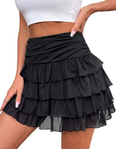 Adigaber Volants Mini-Jupe pour Femme Taille élastique superposée Jupe en Tulle avec Short