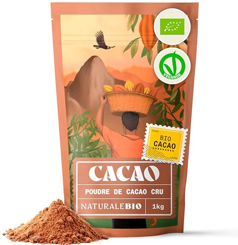 NaturaleBio Poudre de Cacao Bio 1kg. Non Sucré, Naturel et Pur à partir de Fèves Crues. Produit par la Plante Theobroma. Source de Magnésium, Manganèse et Phosphore. Testé pour les Métaux Lourds