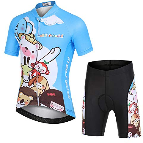 YFPICO Maillot Vélo Manches Courtes et Cuissard Cycliste VTT 3D Coussin Rembourré Tenue Cyclisme Confort Enfant Garçon Fille, Bleu, 7-8 Ans/M