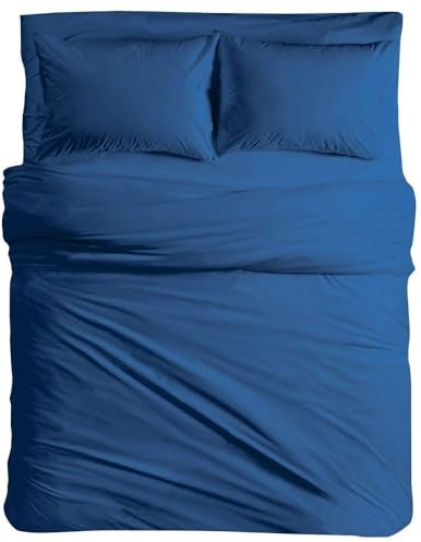 MAXIME MAISON - Bettlaken Set Baumwolle (4 Teilige, Blau/Denim) für Allergiker geeignet, 1 Spannbettlaken 180x200cm, 1 Bettlaken 240x285cm und 2 Kissenbezüge 52x82cm (BETTBEZUG Nicht ENTHALTEN)