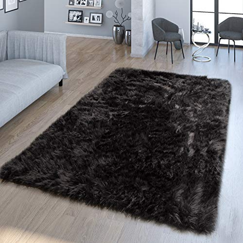 TT Home Wohnzimmer Hochflor Teppich Kunst-Fell Design Versch. Formen Unifarben, Schwarz, Größe:45 cm Rund