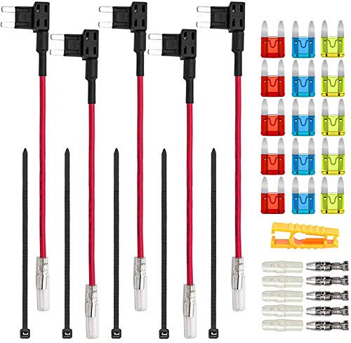 Aiqeer 5 Stück 12V / 24V Klein Add-a-Circuit Sicherung Taps, Auto Piggyback Sicherungshalter mit Kabelbaum, Gratis 15 Stück Mini Flachsicherungen und Sicherungszieher (Butt Terminal)