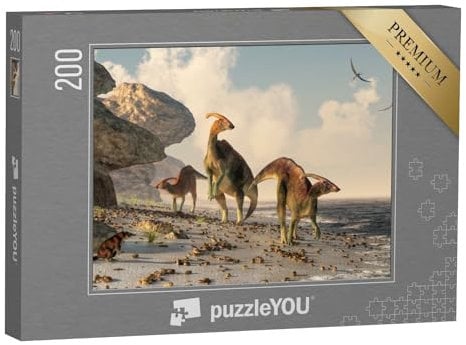 puzzleYOU: Puzzle 200 Teile „Eine 3D-Illustration: DREI Parasaurolophus“ – aus der Puzzle-Kollektion Dinosaurier