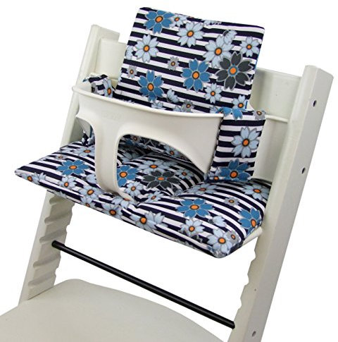 BambiniWelt Ersatzbezug Tripp Trapp – Sitzkissen-Set kompatibel, Stokke Hochstuhl, extra weich, waschbar & langlebig, 2-teiliges Kissen - Klettverschluss, Farbe: Streifen blaue Blumen