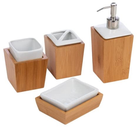 Homiu Ensemble de salle de bain en bambou et porcelaine, 4 pièces, porte-savon, porte-brosse à dents, gobelet, distributeur de savon liquide/lotion, accessoires de salle de bain, design moderne, blanc