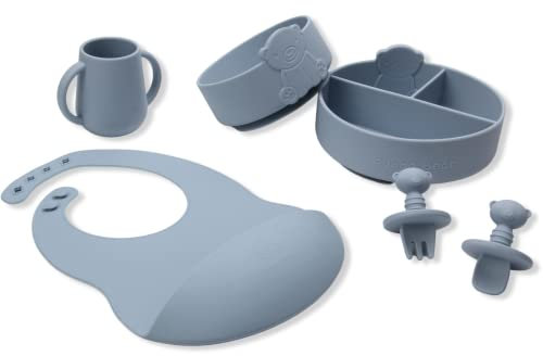 Bubba Bear ® Baby Weaning Suction Plate, Bowl, Bib & Spoon Set | Toddler Feeding Bowls, Plates & Spoons Sets for Babies (Powder Blue, 6)