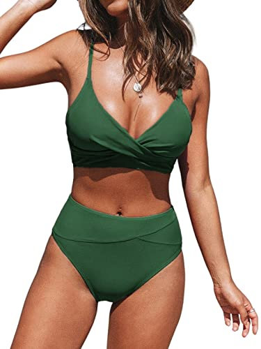 CUPSHE - Conjunto de bikini de dos piezas con parte inferior de tiro alto y parte superior con cuello en V, frente fruncido y tirantes finos, Verde, Small