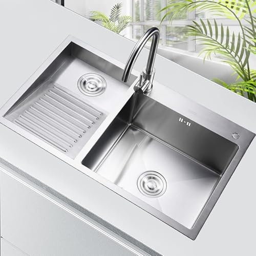 Fregadero de cocina de acero inoxidable para el hogar, piscina, balcón, habitación, fácil de limpiar, doble tazón (con grifo, 800 mm)