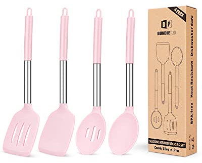 Pack of 4 Silicone Cooking Utensils Set, Non Stick Large Solid Spatulas, Heat Resistant Black Slotted Spoons, Ideal BPA Free Kitchen Turners for Frying, Mixing,Serving,Draining