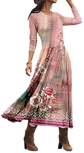 Onsoyours Robe Imprimé Femmes À Manches Longues Lâche Plaine Plus La Taille Maxi Robes Décontractée Swing Mi-Longue Robe De Soirée Longues avec Poches 15 Rose XL