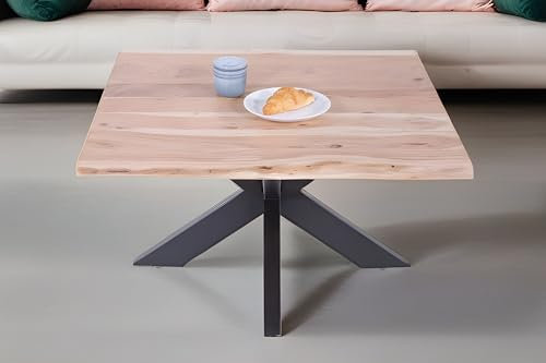 SAM Couchtisch 80x80 cm Quintus, echte Baumkante, Akazienholz naturfarben, massiver Sofatisch, Spider-Metallgestell Schwarz