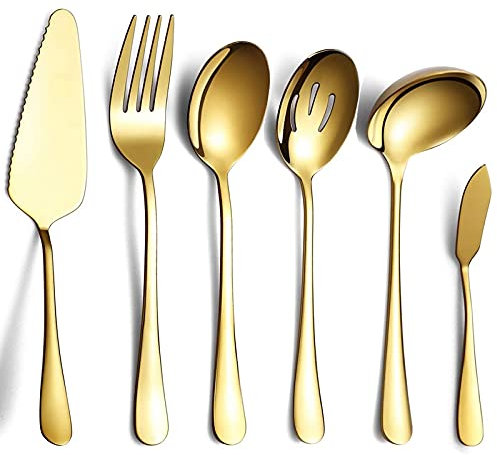 Glakyur Juego de cubiertos para servir de 6 piezas, juego de utensilios para servir, incluye servidor de pasteles, cuchara ranurada dorada
