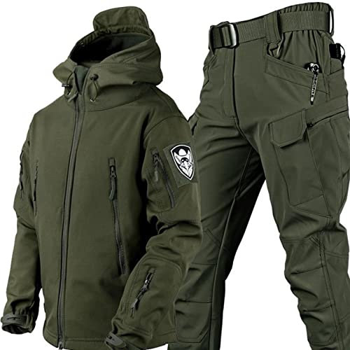 RVUEM Giacca Tattica, Giacche da Caccia Softshell, Uniforme Mimetica Impermeabile dell'Esercito, Tuta Mimetica Militare, Giacca E Pantaloni Tattici da Uomo, Impermeabile, Leggero,Verde,L