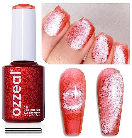 Ozzeal Crystal Cat Eye Gel Nail Polish,15ML Red Magnetic Gel Nail Polish Spring Summer Holographic Glitter Gel Nail Polish Diamond Shimmer Sparkle Gel Polish Soak off UV LED Light for Manicure