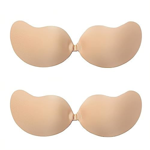 Mivyy Adhesive Bra Strapless Sticky Invisible Push up Silicone Bra for Backless Dress with Nipple Covers (as8, Cup_Band, b, Beige)