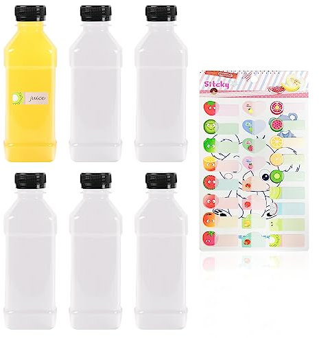 TAFACE Lot de 6 bouteilles de jus transparentes, 1 autocollant de fruits,Conteneur de boisson de 250 ml,Gourde en PET avec couvercle,bouteille claire réutilisable,Lait, jus (couvercle noir)