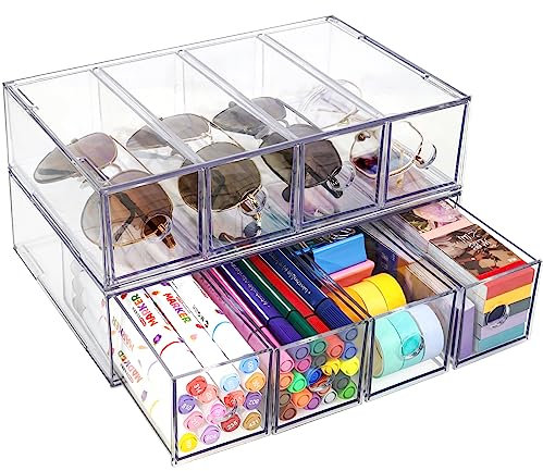 Schreibtisch Organizer mit 8 Schubladen, ToyaJeco Stapelbare Desktop Aufbewahrungsbox mit herausnehmbarer Schublade, Klar Brillenorganizer für Office Supplies Schreibwaren Markierungen Sonnenbrille