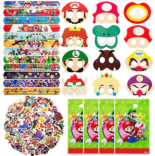 Ma-rio Party Bag Fillers, 50Pcs Super Stickers for Children, 12Pcs Snap Slap Bands, 10Pcs Party Bags, 12Pcs Masks for Kids Party, Party Supplies Kids' Party Favours
