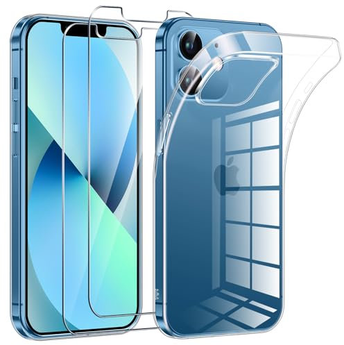 Phoona Coque pour iPhone 12/12 Pro avec 2 Pièces Protection Écran en Verre Trempé,Ultra Transparente Silicone en Gel TPU Souple pour iPhone 12 Couqe,Antichoc Anti-Jaune Etui Bumper