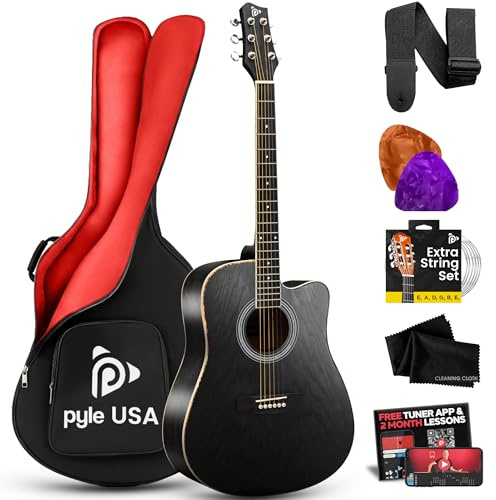 Pyle Steel String Acoustic Guitar Kit, 41 Full Size Cutaway with Ashtree Top, Open Pore Finish, Premium Accessory Set with Armored Gig Bag, Black Matte