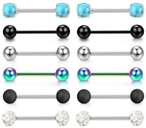 CASSIECA 12Pcs 14G Brustwarzenpiercing CZ Nippelpiercing für Frauen Zungenpiercing Brustwarzen Piercing Chirurgenstahl Nippelpiercing 16mm Stablänge Barbells Body Piercing