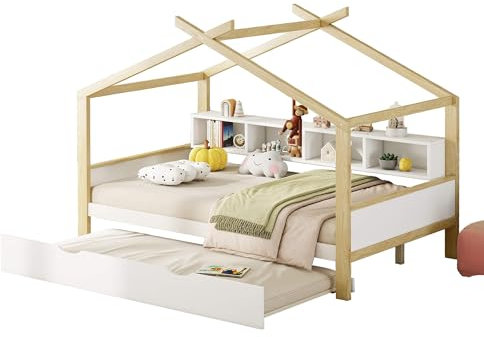 MQGPM Kinderbett, Hausbett 140 x 200 cm mit Stauraum und Lattenrost, Baumhausbett für 2 Kinder, Montessori Bett mit Rausfallschutz, Multifunktionsholz Massivholzbett, für Junge Mädchen, Ohne Matratze