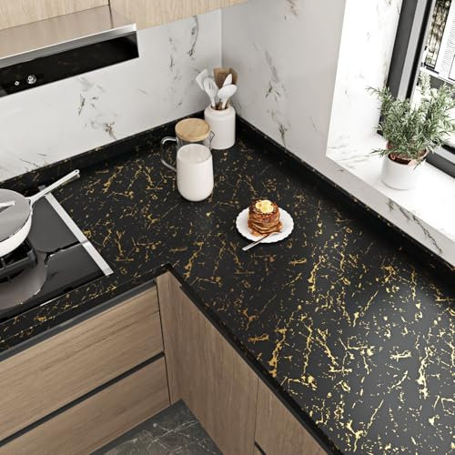 HotDecor Papier Adhesif pour Meuble Cuisine Papier Peint Adhesif Marbre Noir et Or Revêtement Plan De Travail Adhésif Noir Mat Papier Peint Autocollant Mural Rouleau Adhesif pour Meuble 60cm x 300cm