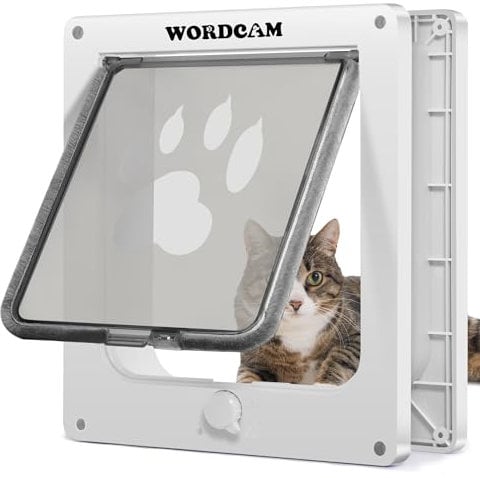 Wordcam X-Large Cat Door, Cat Door for Interior Exterior Doors, 4 Way Locking Pet Door for Cat Up to 25lbs, Cat Flap Privacy Door for Kitten Doggies, Easy Installation, Weatherproof (White)