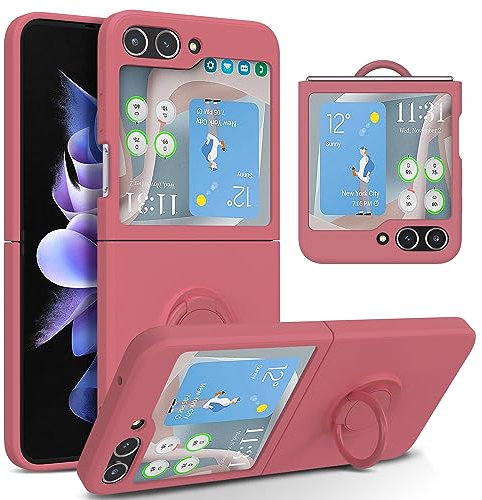UEEBAI Custodia per Samsung Galaxy Z Flip 6 5G, ultra sottile, in silicone, con supporto ad anello girevole a 360 gradi, supporto magnetico per auto, custodia protettiva antiurto in TPU, colore: rosso