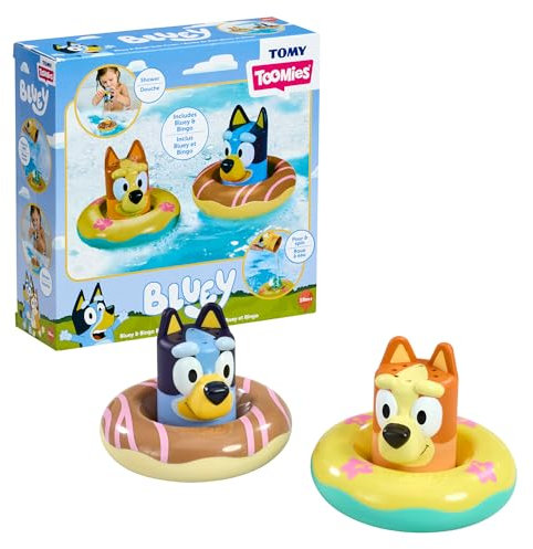 Tomy Toomies Badespielzeug Bluey und Bingo im Schwimmring, 2 Stück | Bluey und Bingo in Schwimmringen mit Wasserrädern | offiziell Lizenziertes Bluey-Spielzeug | Spielzeug für Kinder ab 18 Monaten