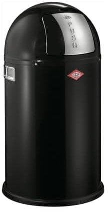 Wesco Pushboy junior Mülleimer in der Farbe schwarz, pulverbeschichtetes Stahlblech, 22 Liter Volumen, große Edelstahlklappe, herausnehmbarer Innenbehälter