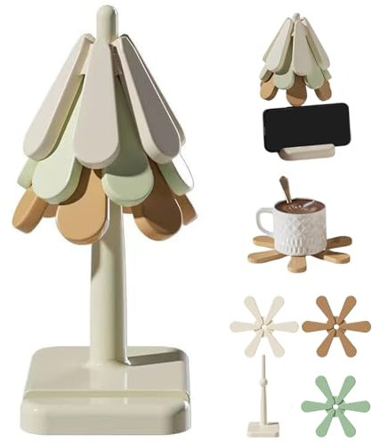 Wooden Tree Coaster 3PCS Heat-Resistant Silicone Tree Trivet With Stand Foldable Non Slip Hot Plate Mat Reusable Trivets