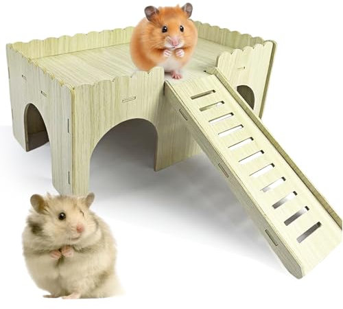 WIYETY Grande casa per porcellini d'India, criceto, legno con rampa, 4 ingressi, giocattolo fai da te, decorazione, accessori, 38 x 25 x 18 cm