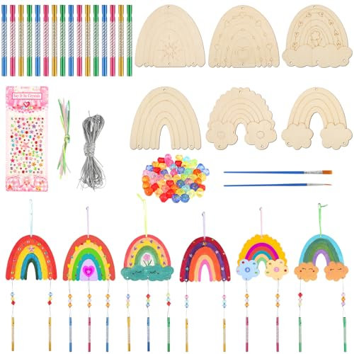 Haocjanc 12 Stück Regenbogen Windspiel Bastelset Kinder, Holz Windspiel Bastelset, Holz Basteln Kinder, Regenbogen Deko Klangspiel Basteln Holzbastelsets für Mädchen Junge Kindergeburtstag
