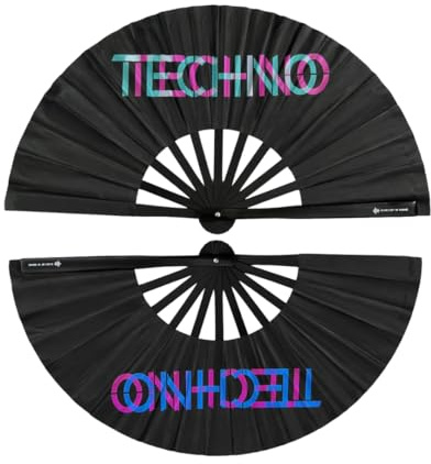 Fächer Techno-XL Handfächer-Hand Fan - Handfächer UV Glow mit leicht grünem Schimmer- Das Must-Have Accessoires für Techno Rave Festivals Club – faltbar, groß, Bambus Holz Schwarz