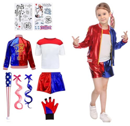 CEWROM Quinn Kostüme Kinder,Halloween Karneval Cosplay Kostüm,Mädchen Bösewicht Suicide Clown Kostüm Kit mit Jacke,T-Shirt,Shorts,Handschuh Perücken Tattoo Baseballschläger für Karneval Cosplay (150)