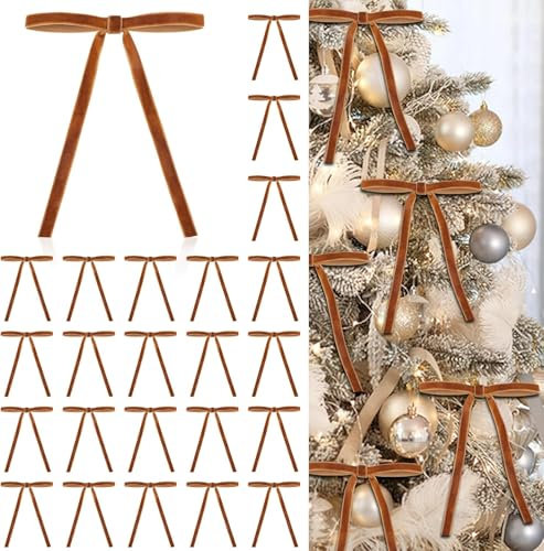 24 Stück Samt Weihnachtsschmuck, Rustikale Samtschleifen für den Weihnachtsbaum, Vorgebundene Vintage Weihnachtsschleifen für Kränze, Geschenke und Weihnachtsdekoration, Samtschleifen (Braun)