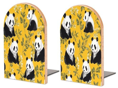 Grand serre-livres en bois pour étagères, motif panda sur fond jaune, très résistant, pour organiser des livres avec base en métal antidérapante