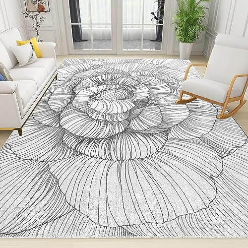 Luxuriöser minimalistischer Teppich mit Pfingstrosen, langlebig, schwarz-weiße Rosen, Teppich für Wohnzimmer, Schlafzimmer und Büro, 100 x 140 cm