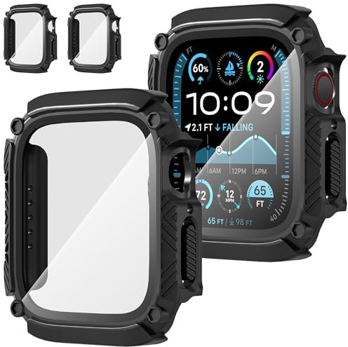 Suoman 2 Piezas Funda para Apple Watch SE 3/2/1 /Series 6 5 4 44mm Protector Pantalla Impermeable HD Cristal Templado Protección Completa PC Dura Carcasa,Negro&Negro,44mm