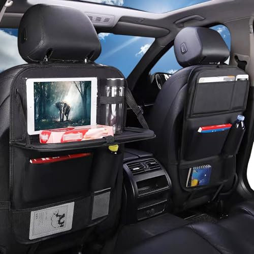 NINESPRING 2 Pcs Organisateur Voiture Enfant,Universel Protection Siege Voiture Enfant,Organisateur de Voiture avec Plateau,Support pour Tablette Transparent 6 Poches Multifonction,Noir