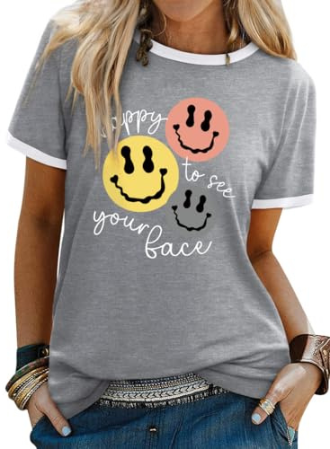 WIEIYM Women's T-Shirts Crew Neck Short Sleeve Ladies T Shirts Casual Summer Tops Smile Face Printed Tee Shirts Blouse S-XXL