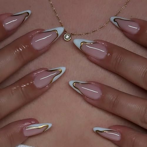 Medium Press on Nails Almond, 24Pcs Pink White French False Nails Shiny Gold Line, Removable Fake Nail with Glue, Acrylic Full Cover Stick on Nails for Women Girls Nail Art Manicure
