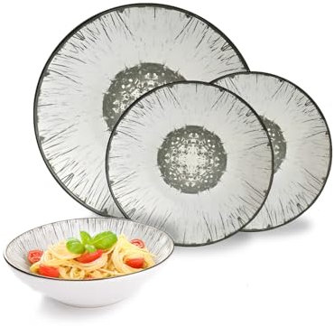 Avilia – Set Piatti Moderni 18 Pezzi in Porcellana con Decoro Corolla Grigio, Servizio Elegante per 6 Persone