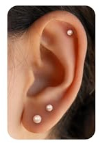 PRTGL Flat back Earrings - 14K Gold Plated Pearl Flat Back Stud Earrings Dainty Ear Stud Stack Cartilage Jewellry Set for Women 3 Pairs