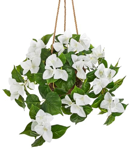 Briful Künstliche Bougainvillea Hängepflanze 70 cm – Blumenampel mit Korb & Juteseil – Dekorative Kunstpflanze Hängend, Deko Hängeblumen für Wohnzimmer Balkon Terrasse Garten – Weiß