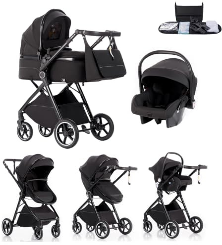 Kakbgee 3 in 1 Kinderwagen, Buggy Kompakte Faltbar,Höhenverstellbarer Griff | Kinderwagen mit Babyschale, 4-Rad Federung, Regenschutz, Moskitonetz, Kombikinderwagen Neugeborene 0-3 Jahre, 15kg Schwarz