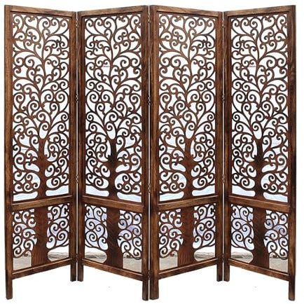 iAnanas Handgefertigter 4-Panel Raumteiler, Mango Holz & MDF mit braunem Finish, Faltbare Trennwand für Privatsphäre, platzsparender Paravent, 182x3x180 cm